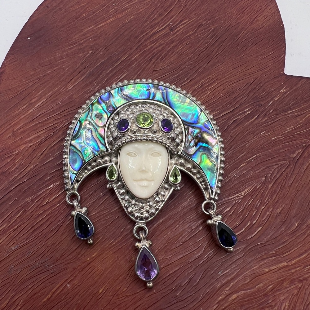 Sajen Face silver Jeweled Pendant Brooch pendant , Sterling Large 2.3/4"